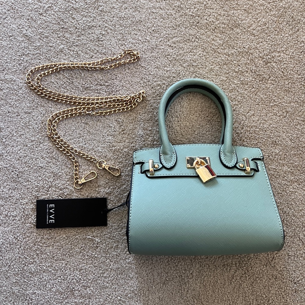 EVVE Mint Green Mini Satchel Purse with Gold Chain Strap